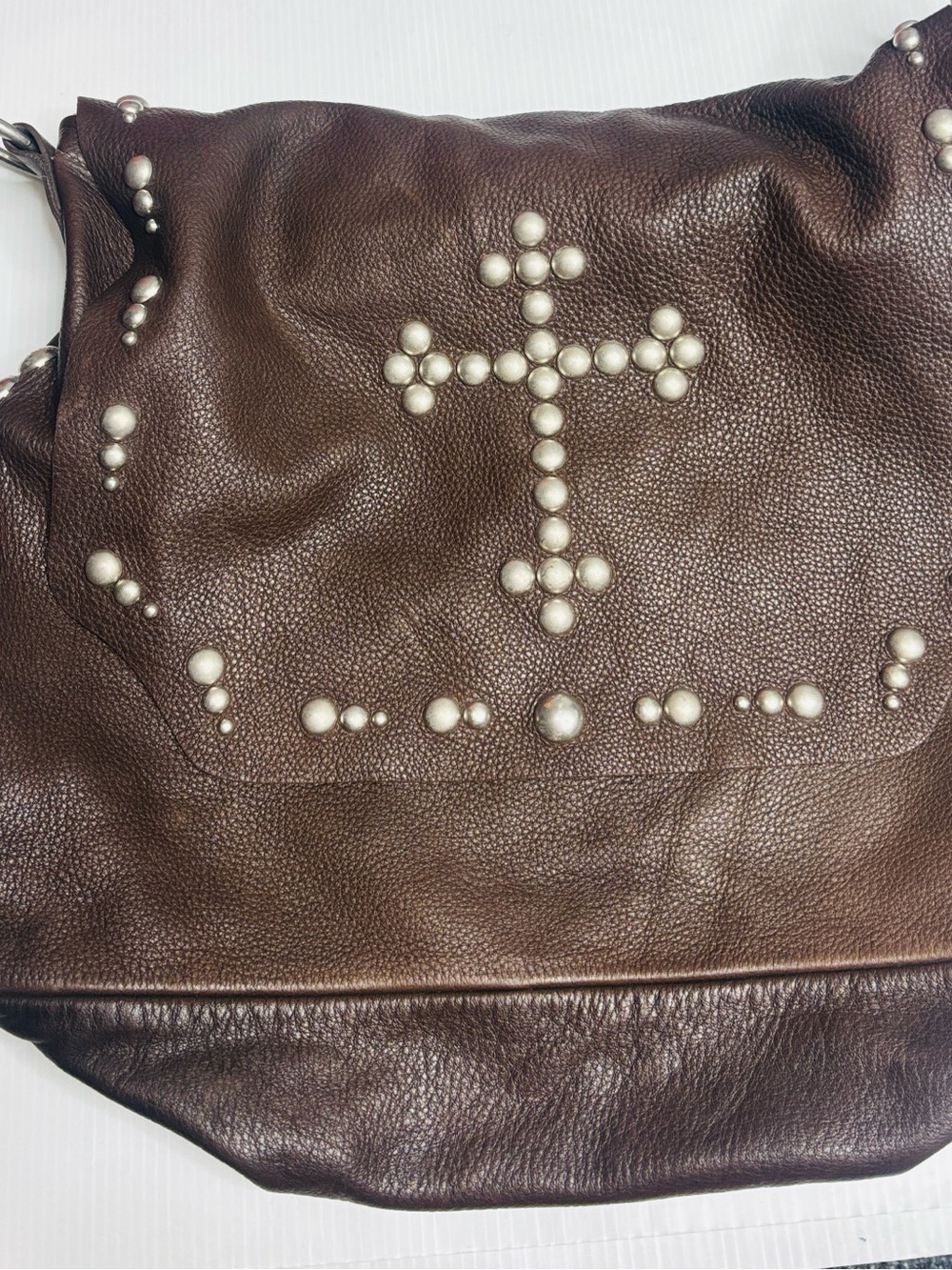 Leatherrock Brown Leather Shoulder Bag with Studded Cross